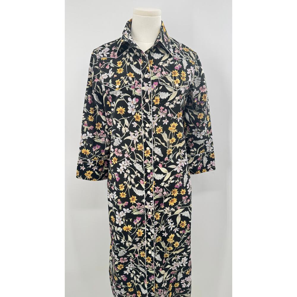 R13 x Liberty of London Cowboy Dress Black Floral Pearl Snap Shirtdress Midi S